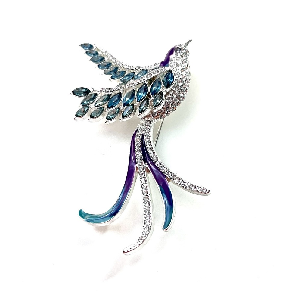 Vintage Swallow Bird Brooch Pin Silver Tone‎ Teal Purple Enamel Pave Crystals